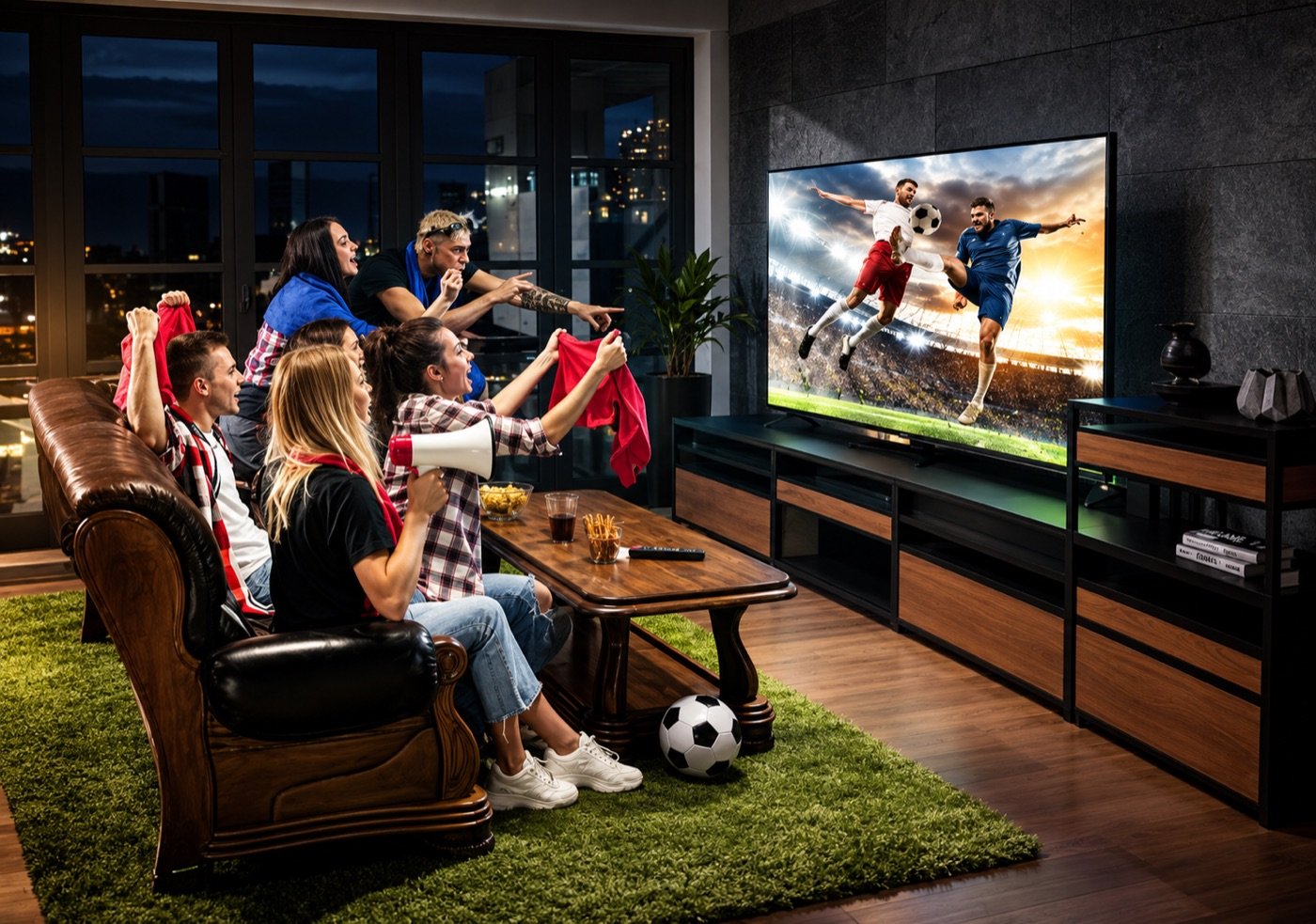Amigos viendo un partido de fútbol en vivo por Firestick